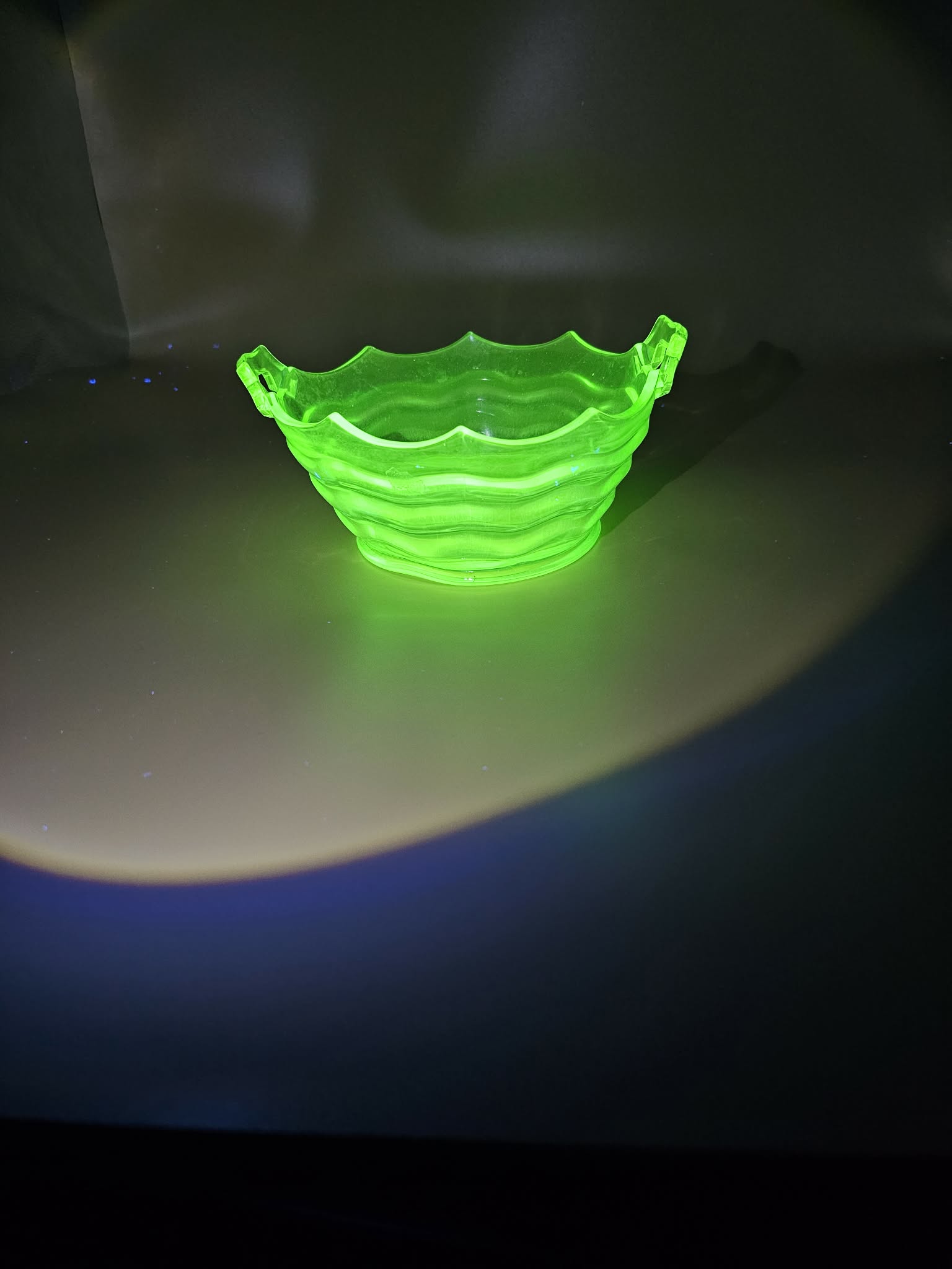 Vintage Green Uranium Glass Scalloped Handled Serving Bowl, 8 Inch