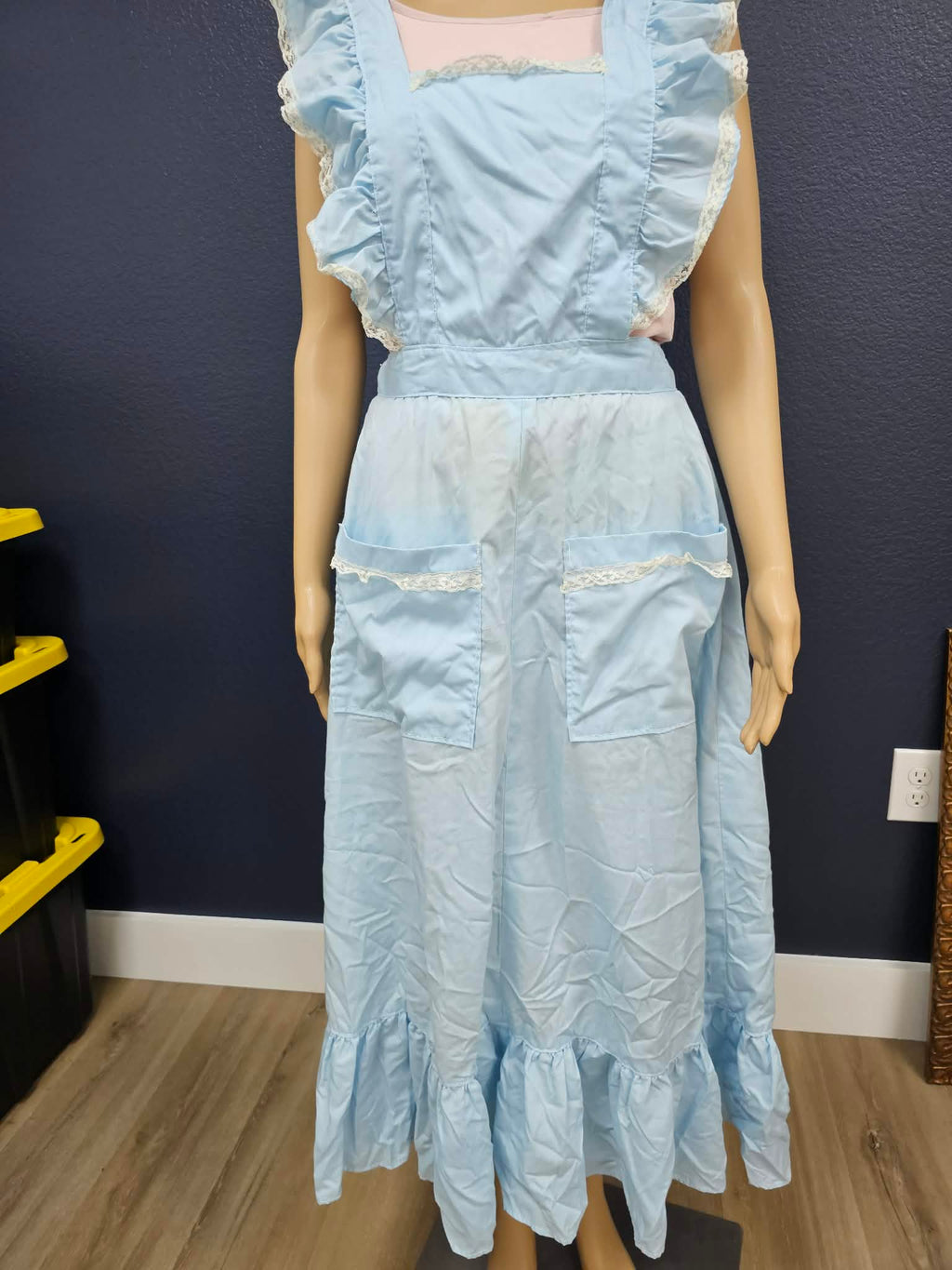 Light Blue Ruffled Full-Length Pinafore Apron with Lace Trim & Pockets