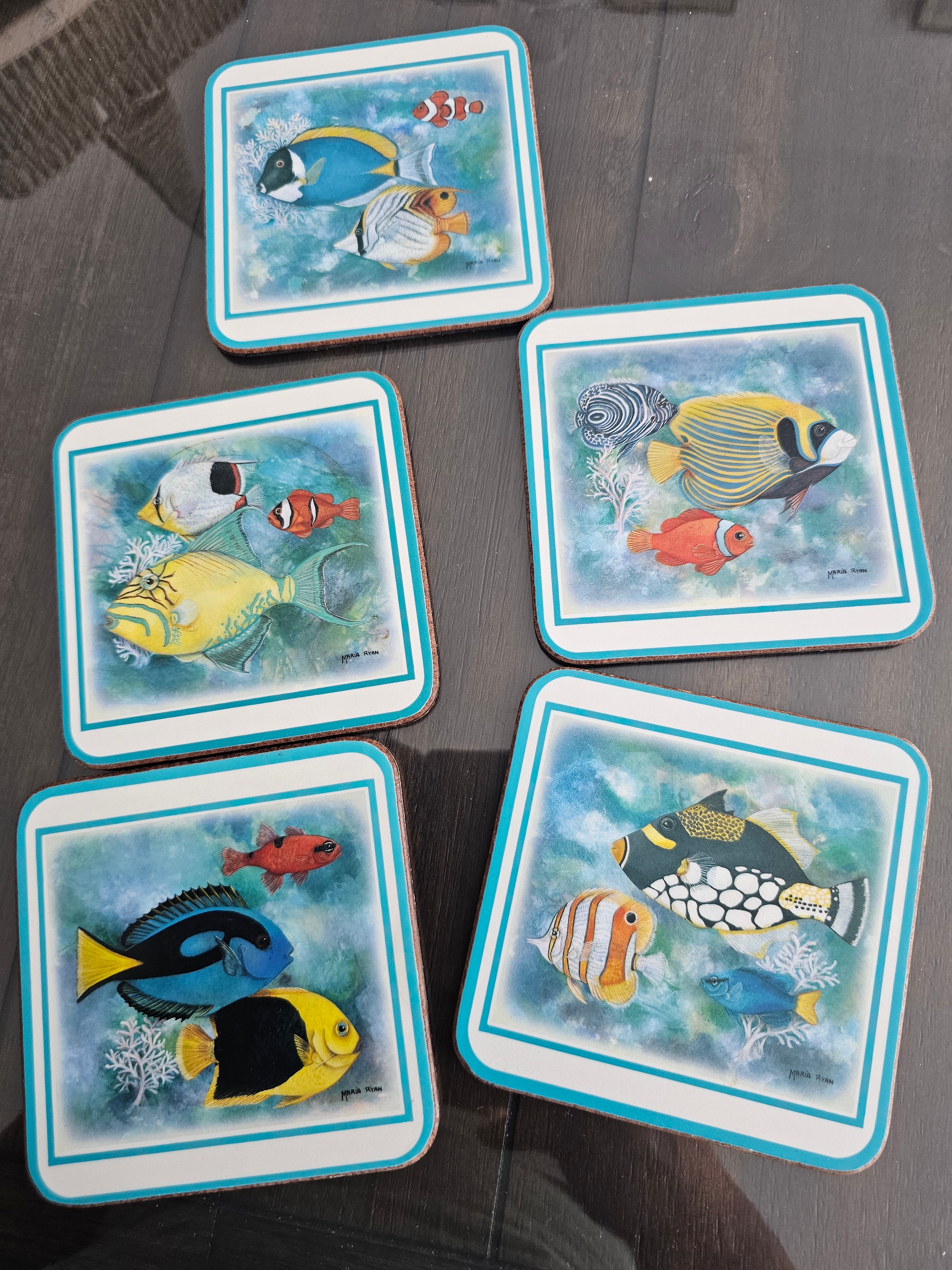 Vintage Pimpernel "Tropical Fish" drink coaster featuring artwork by artist Maria Ryan(set of 5)