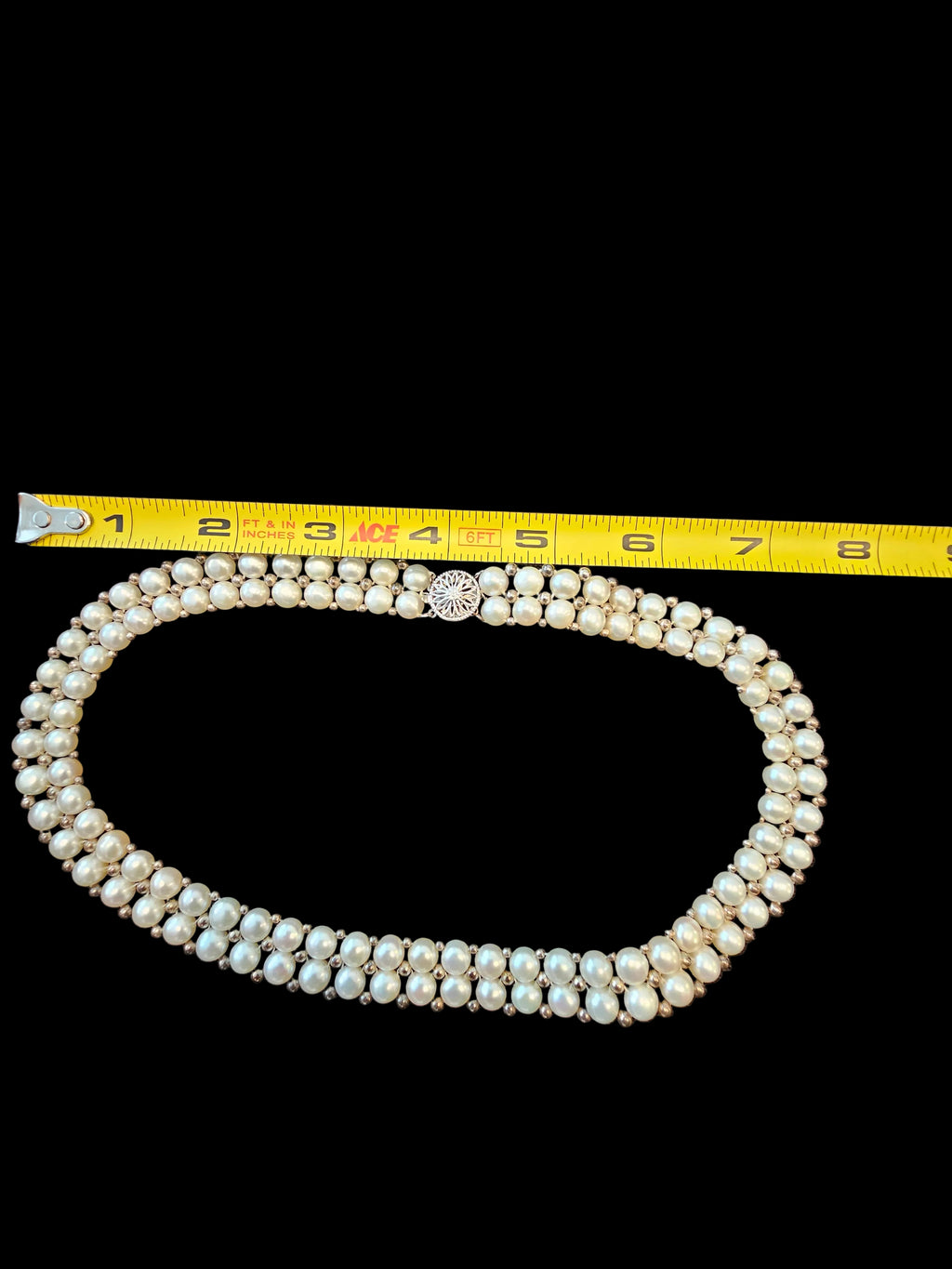 Vintage Cultured Pearl Multi Strand Choker Necklace Sterling Silver STG Clasp