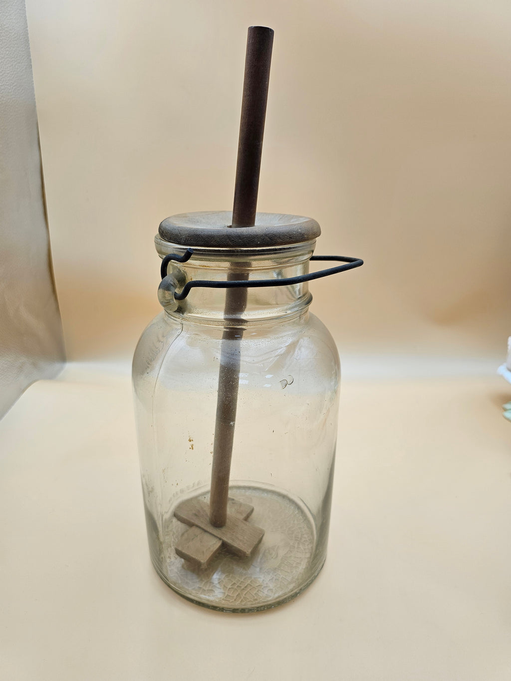 1-gallon glass plunger/dasher style butter churn,