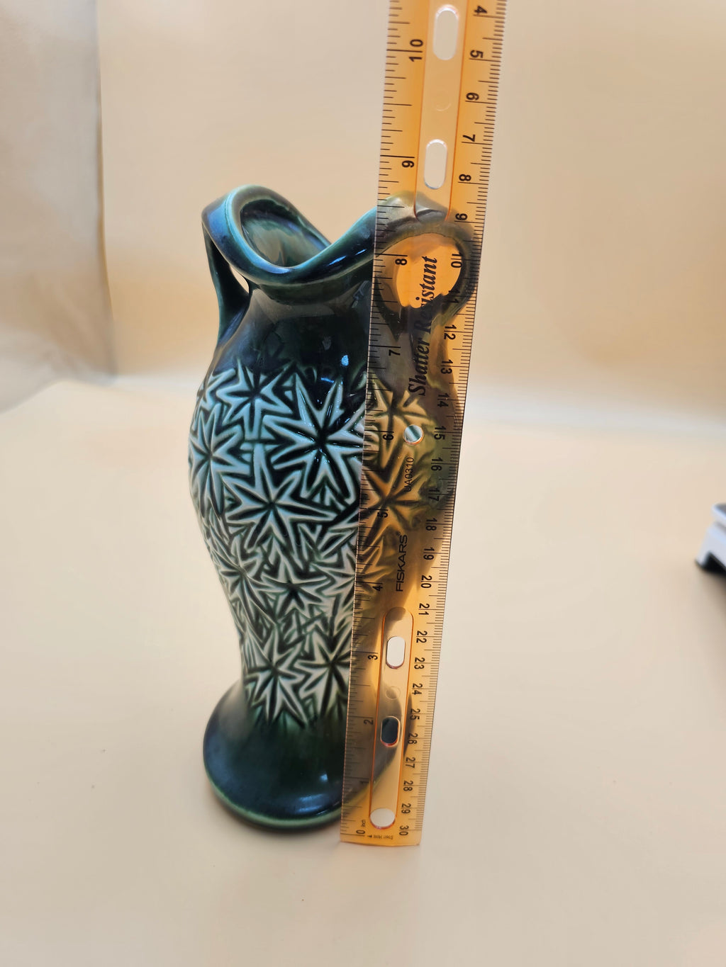 Vintage dark green starburst ceramic two-handled vase produced in 1968 by Mount Clemens Pottery/McCoy.
