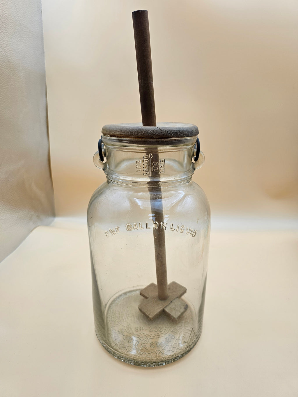 1-gallon glass plunger/dasher style butter churn,