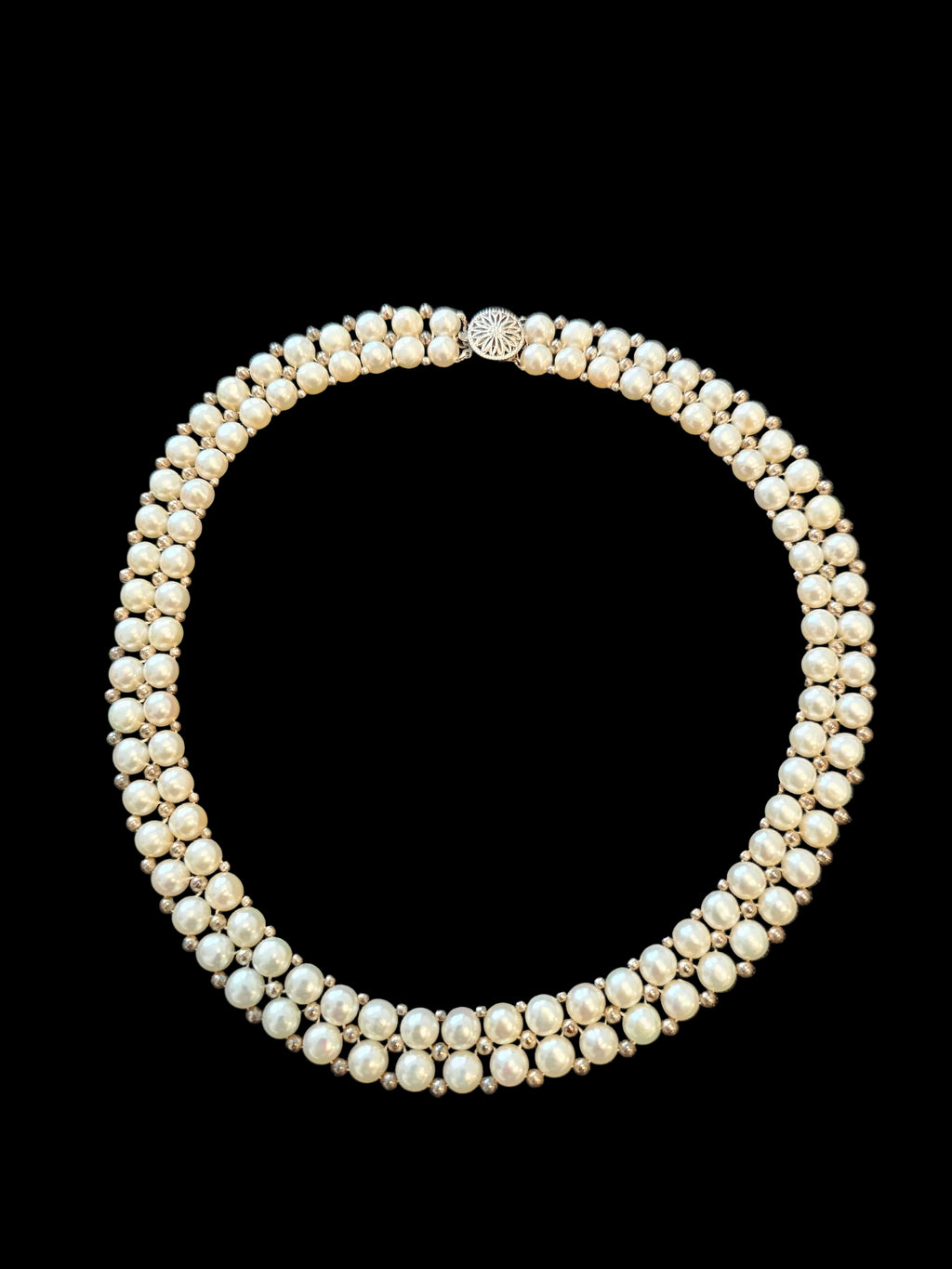 Vintage Cultured Pearl Multi Strand Choker Necklace Sterling Silver STG Clasp