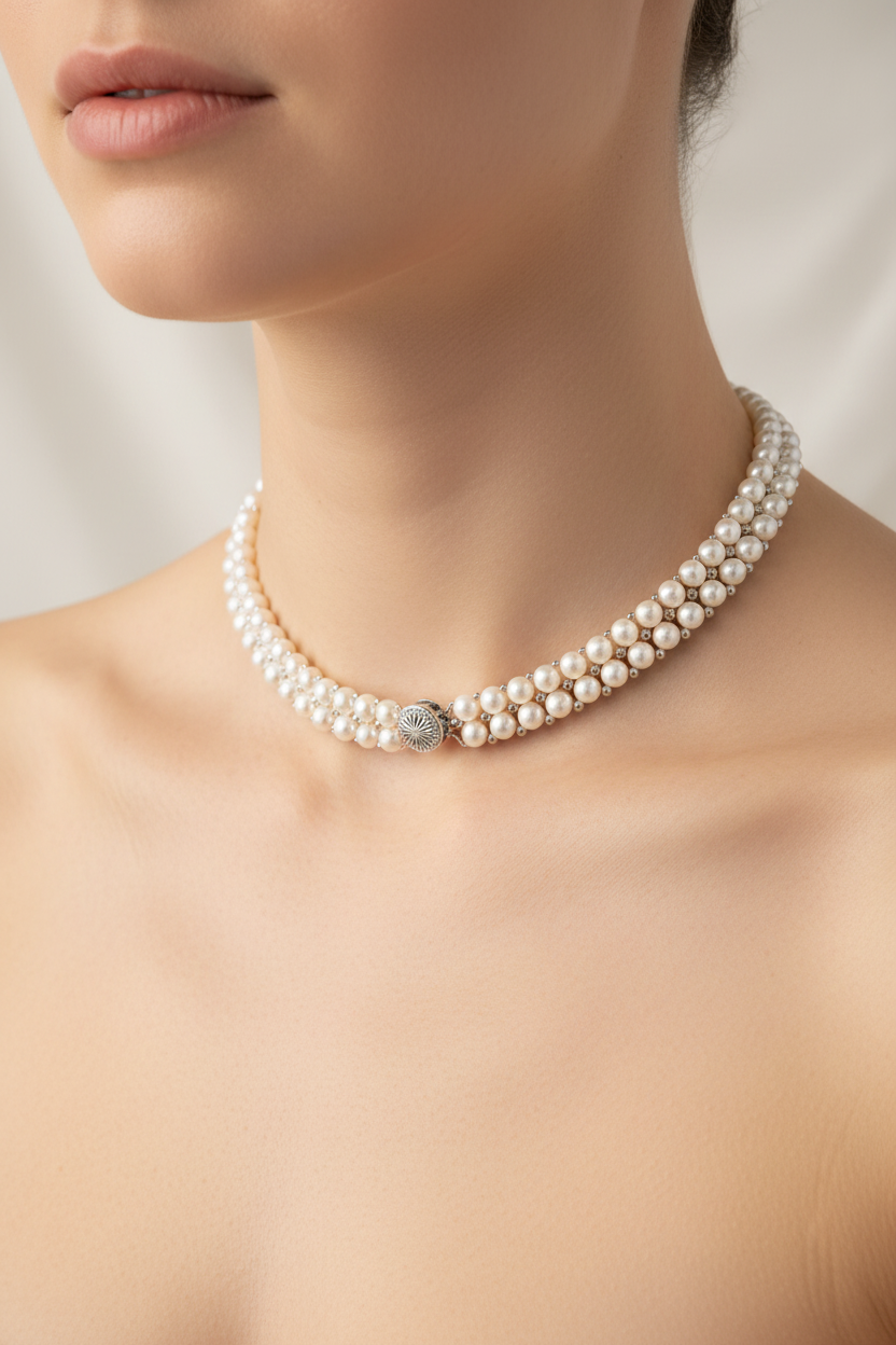 Vintage Cultured Pearl Multi Strand Choker Necklace Sterling Silver STG Clasp