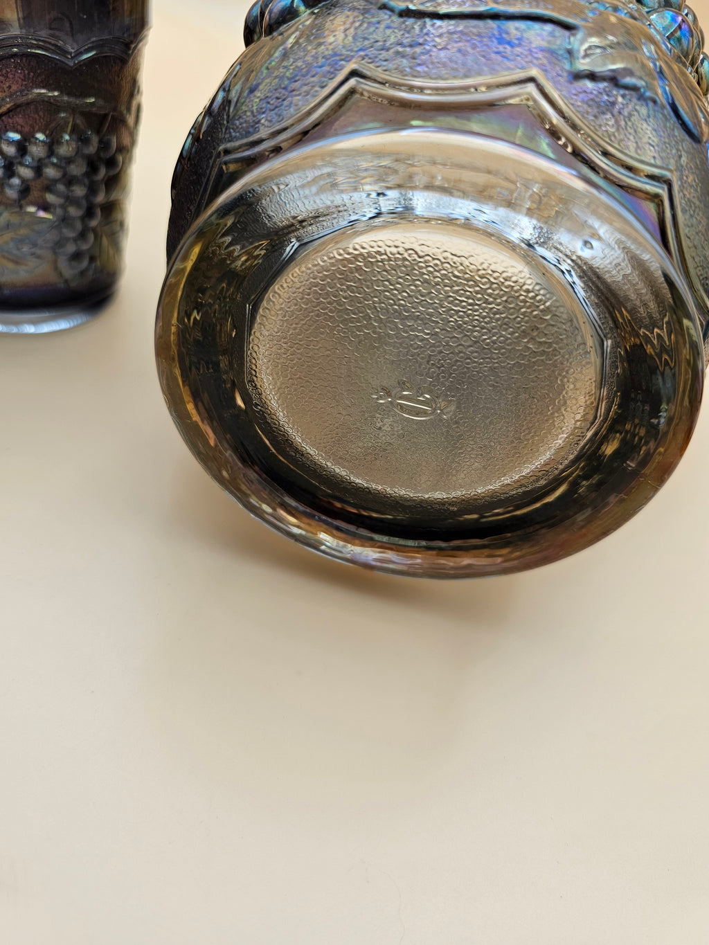 Vintage Imperial Glass carnival glass water pitcher and matching tumblers in the Grape pattern