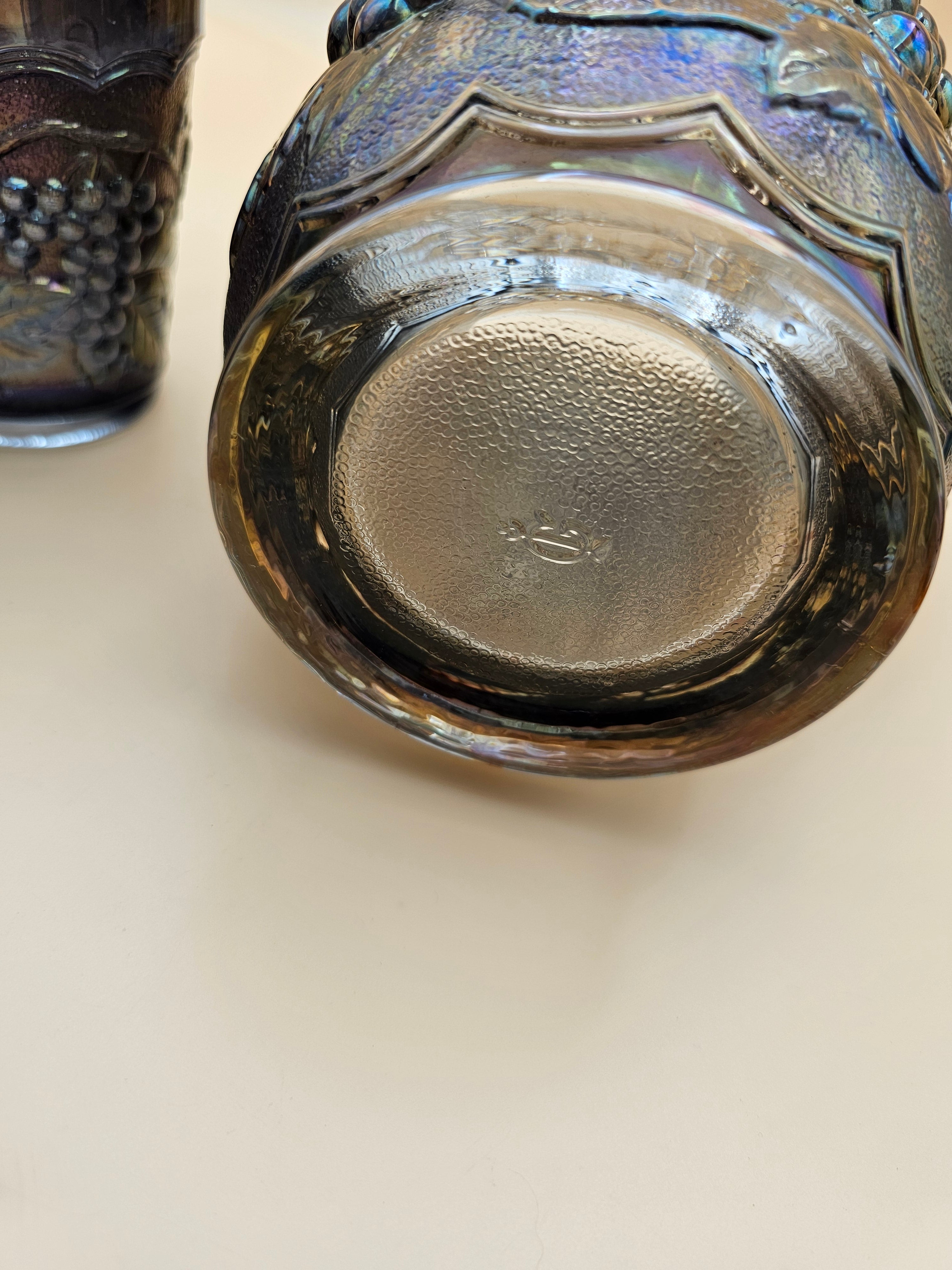 Vintage Imperial Glass carnival glass water pitcher and matching tumblers in the Grape pattern