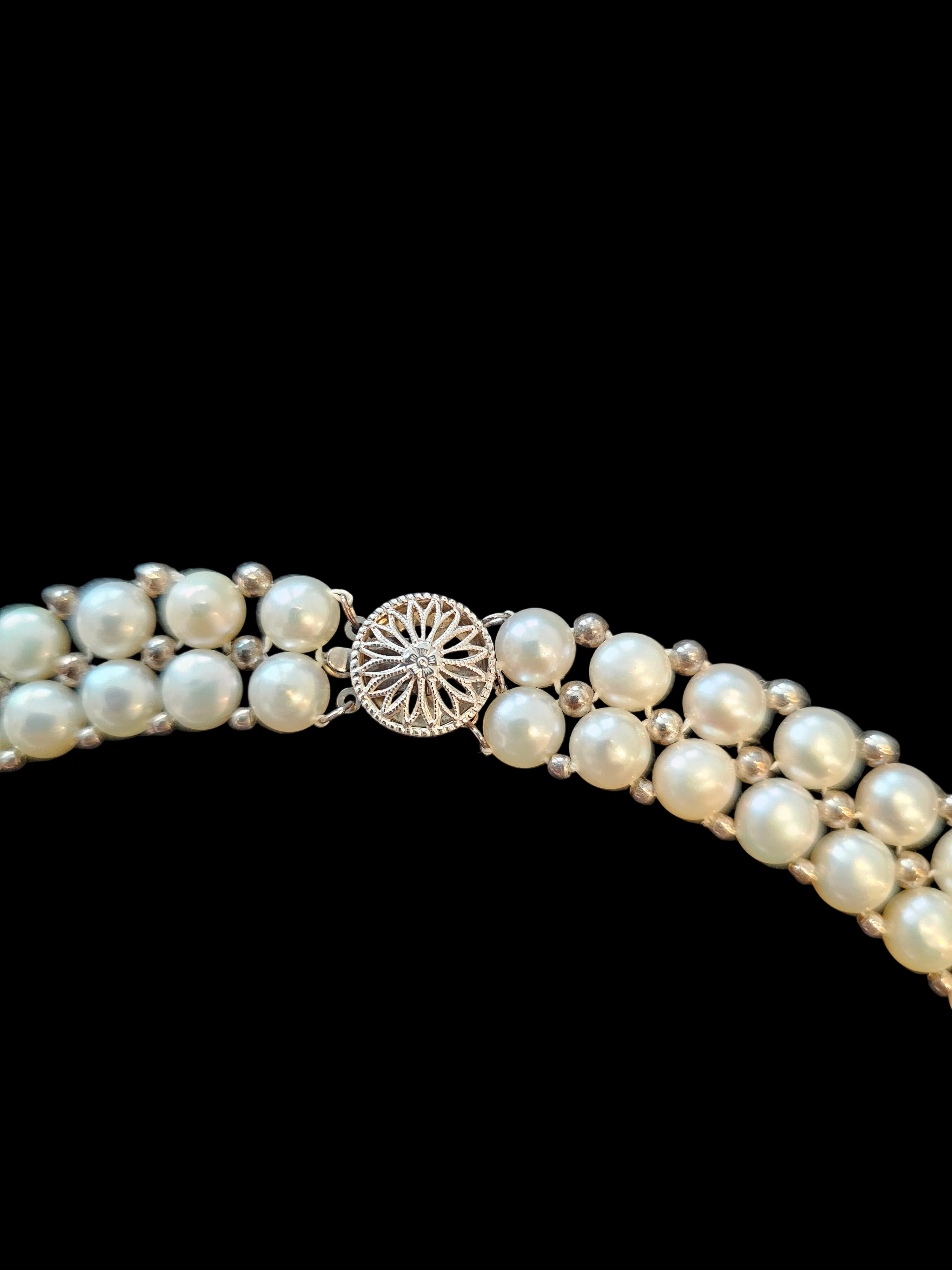 Vintage Cultured Pearl Multi Strand Choker Necklace Sterling Silver STG Clasp