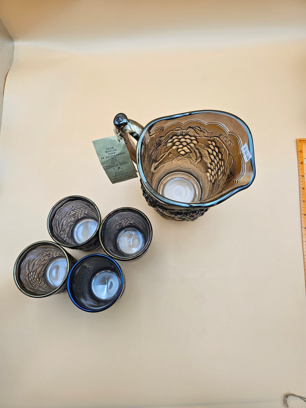 Vintage Imperial Glass carnival glass water pitcher and matching tumblers in the Grape pattern