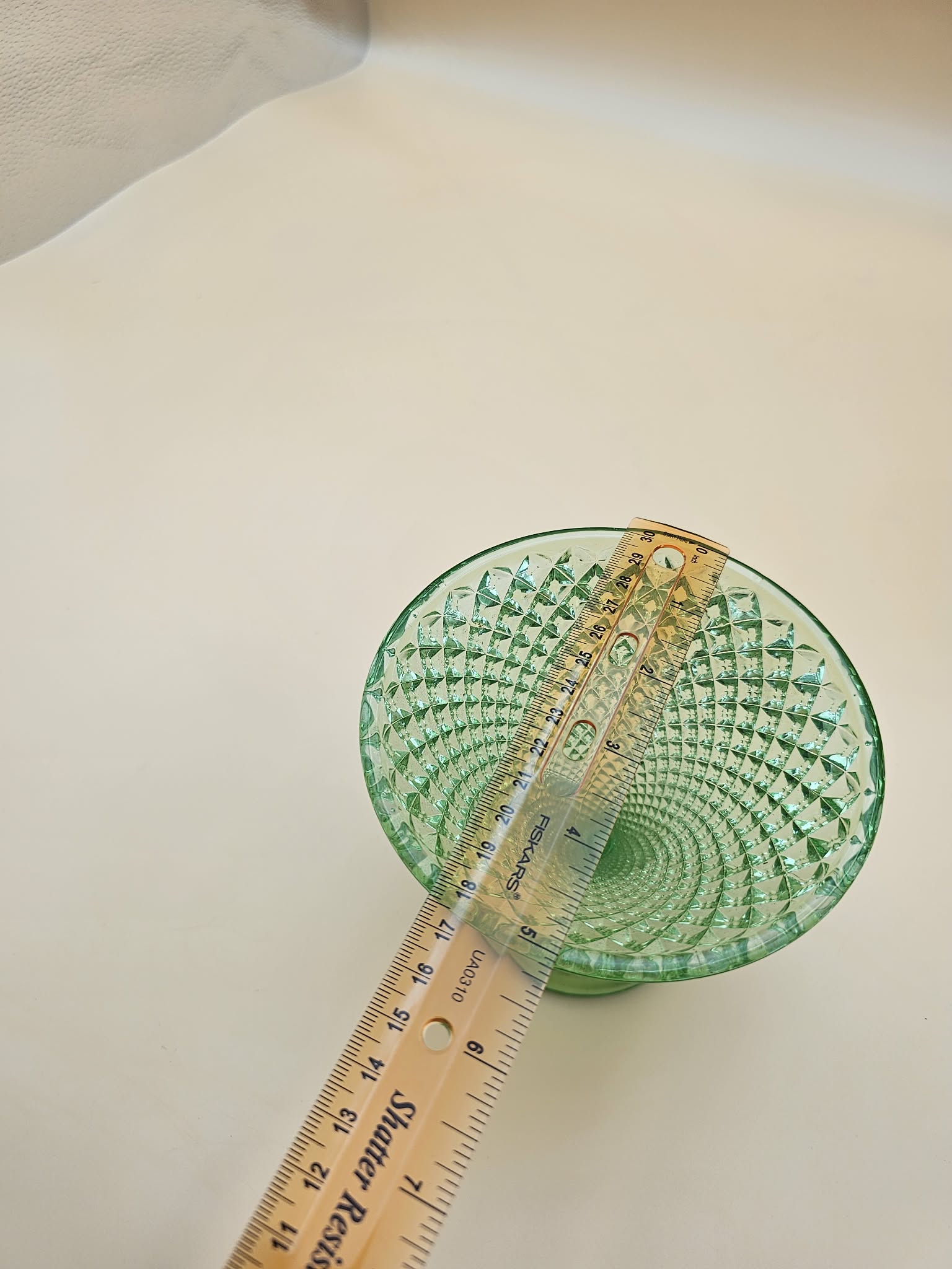 Vintage Green Uranium Glass Diamond Pedestal Compote, 5 Inch