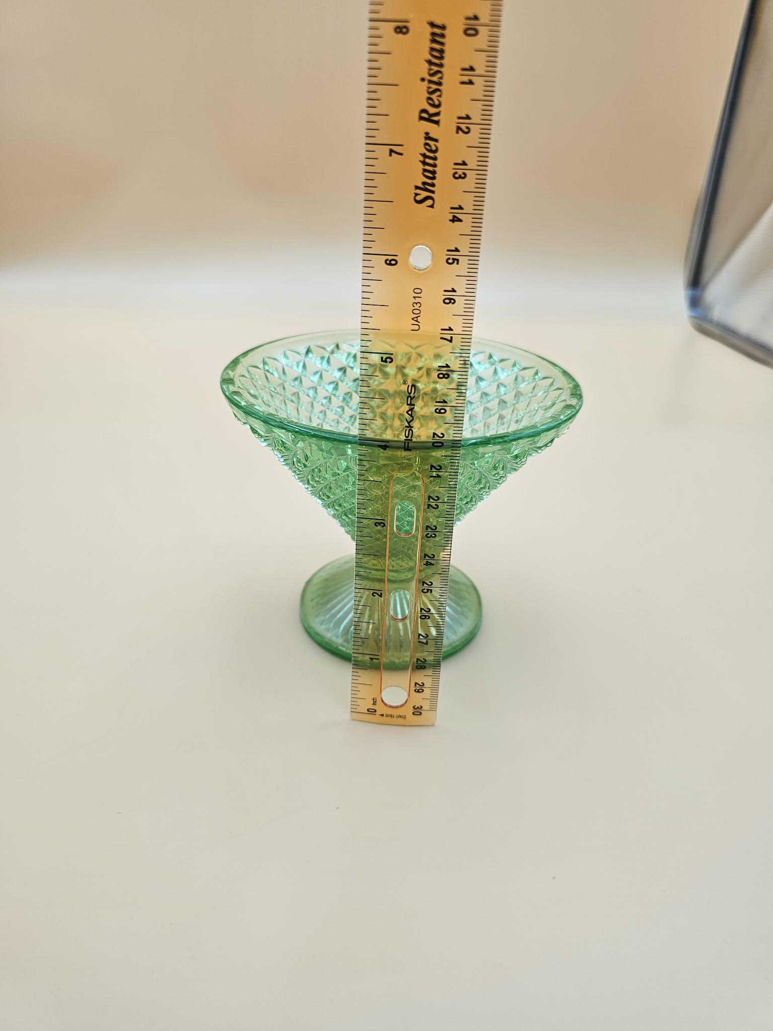 Vintage Green Uranium Glass Diamond Pedestal Compote, 5 Inch