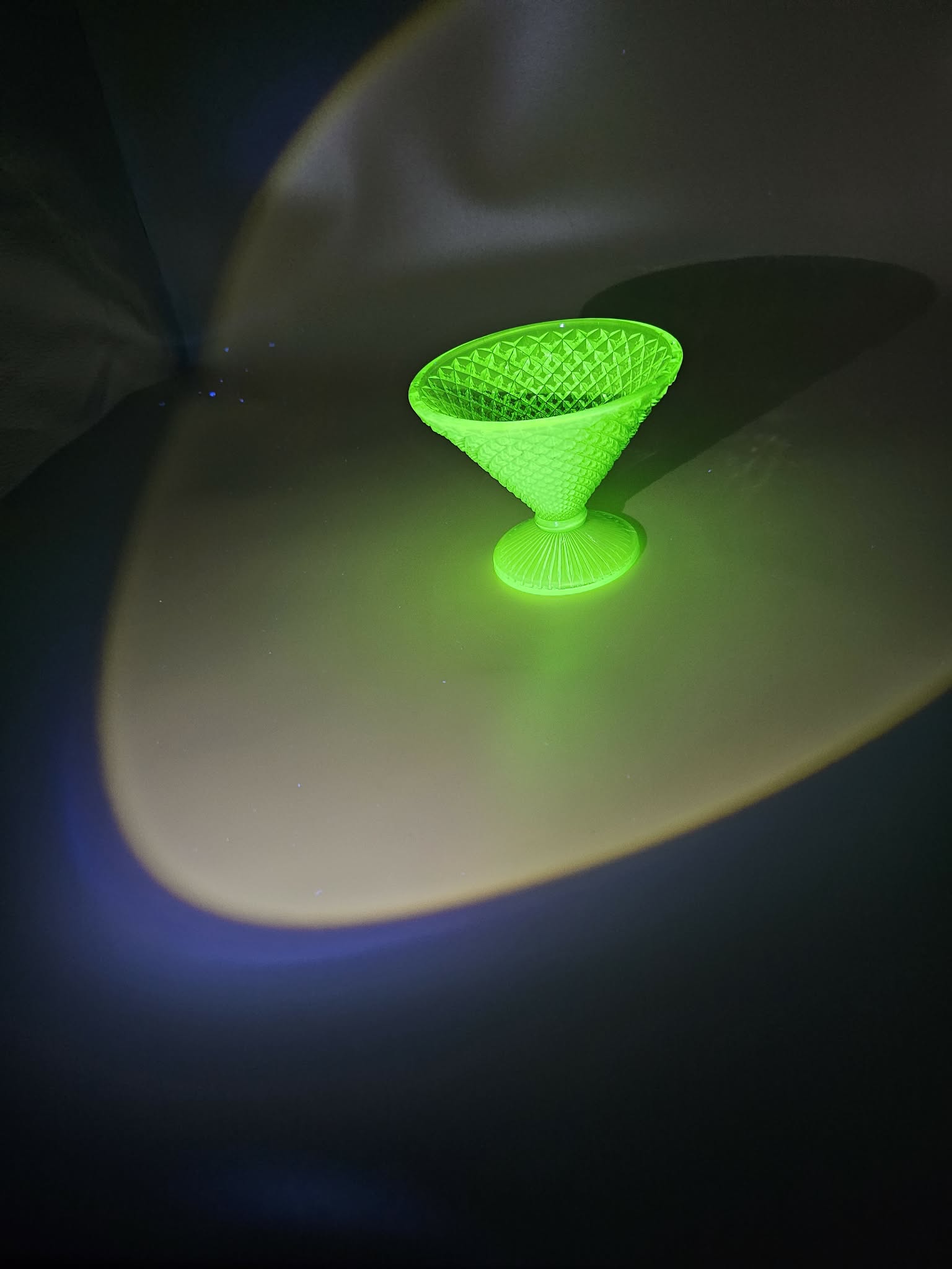 Vintage Green Uranium Glass Diamond Pedestal Compote, 5 Inch