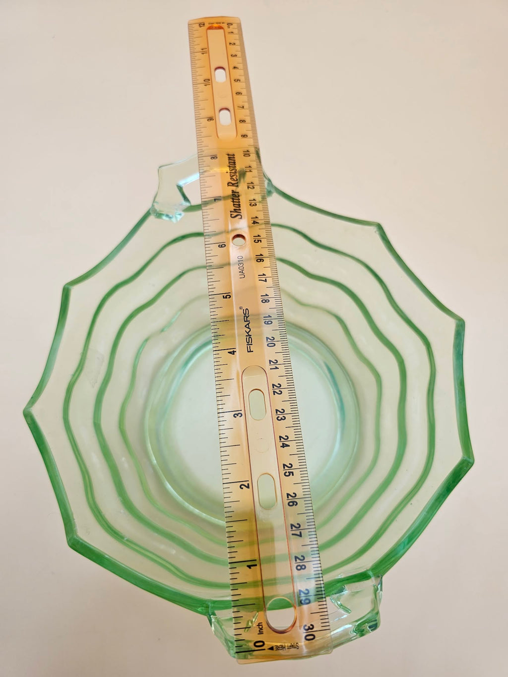 Vintage Green Uranium Glass Scalloped Handled Serving Bowl, 8 Inch