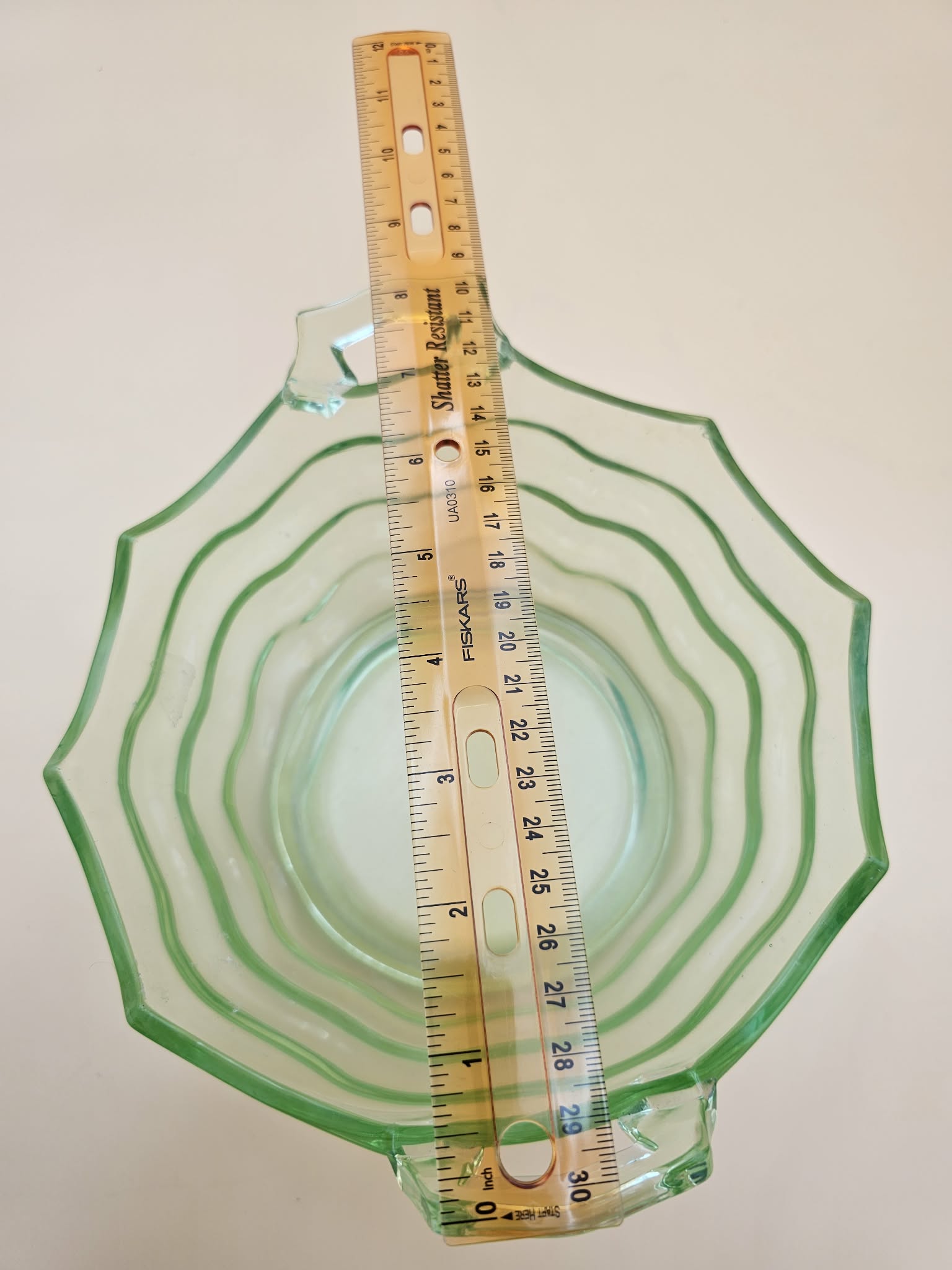 Vintage Green Uranium Glass Scalloped Handled Serving Bowl, 8 Inch